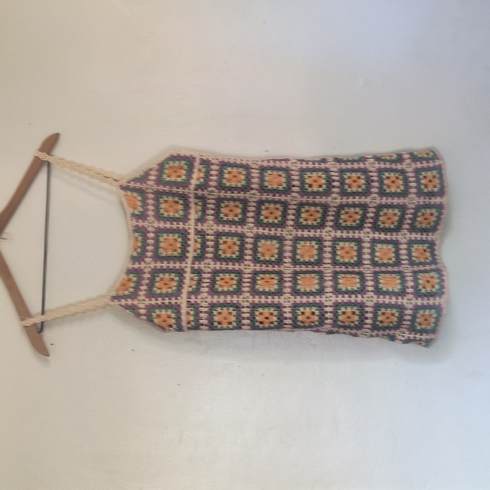 Zara Grannycore Granny Square Crochet Multicolor Sleeveless Mini Dress Sz Med